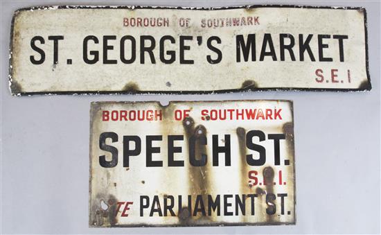 Two Borough of Southwark painted tin street signs: St Georges Market and Speech Street, 4ft 7in. and 2ft 7in.